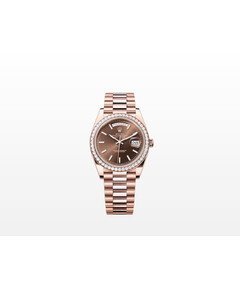 Rolex Day-Date 40 Rose Choco Baguette Diamond Bezel for sale with Crypto Emporium