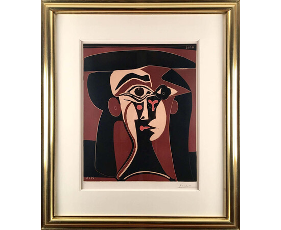 Pablo Picasso, Tête de Femme, original linoleum cut 1962 for sale with Crypto Emporium