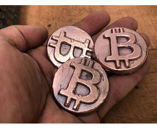 2 to 3 ozt. Bitcoin Symbol Coin Hand Poured Copper CU Metal Ingot for sale with Crypto Emporium